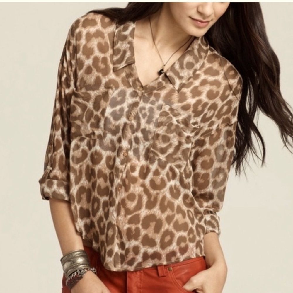 Free People Easy Rider Leopard Animal Print Sheer Button Down Blouse Size XS EUC